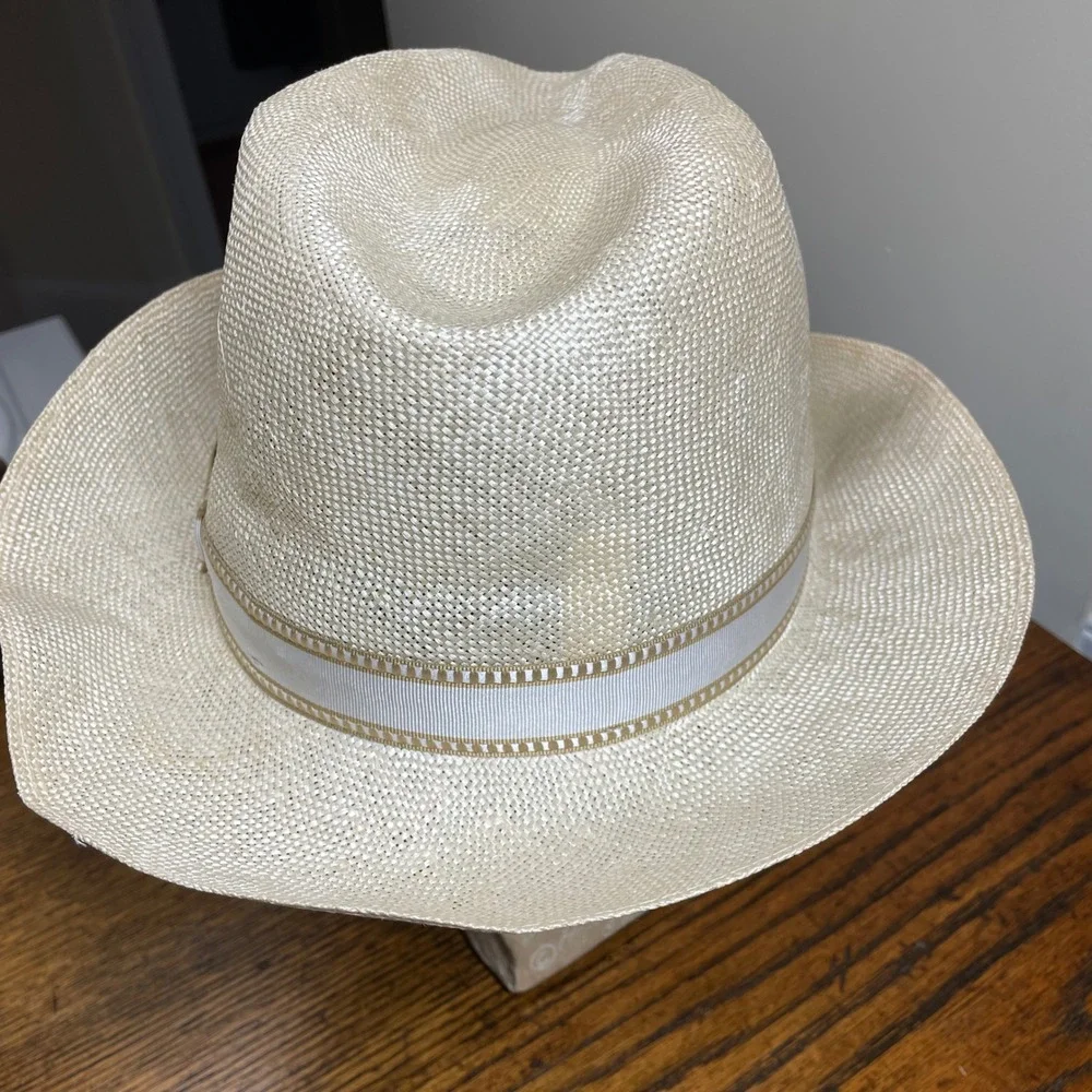 Stetson Straw Fedora Hat Cream Off White Woven Panama Style Size 7 5/8 61cm Luxe - Picture 13 of 15